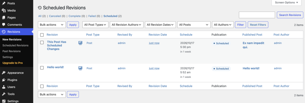 This is the Scheduled Revisions screen