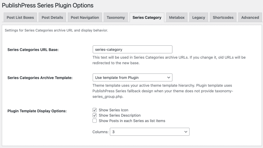 Series Categories settings