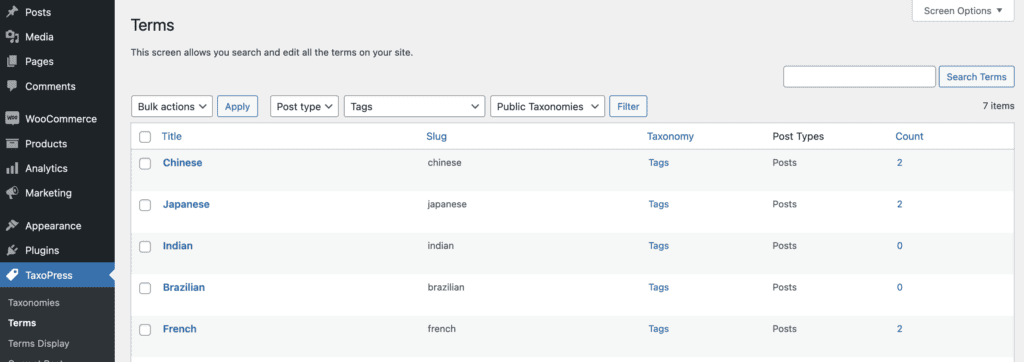 The Terms screen in PublishPress Taxonomies