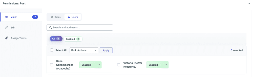 Viewing permissions for users