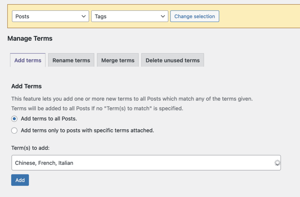 Add terms to all posts.