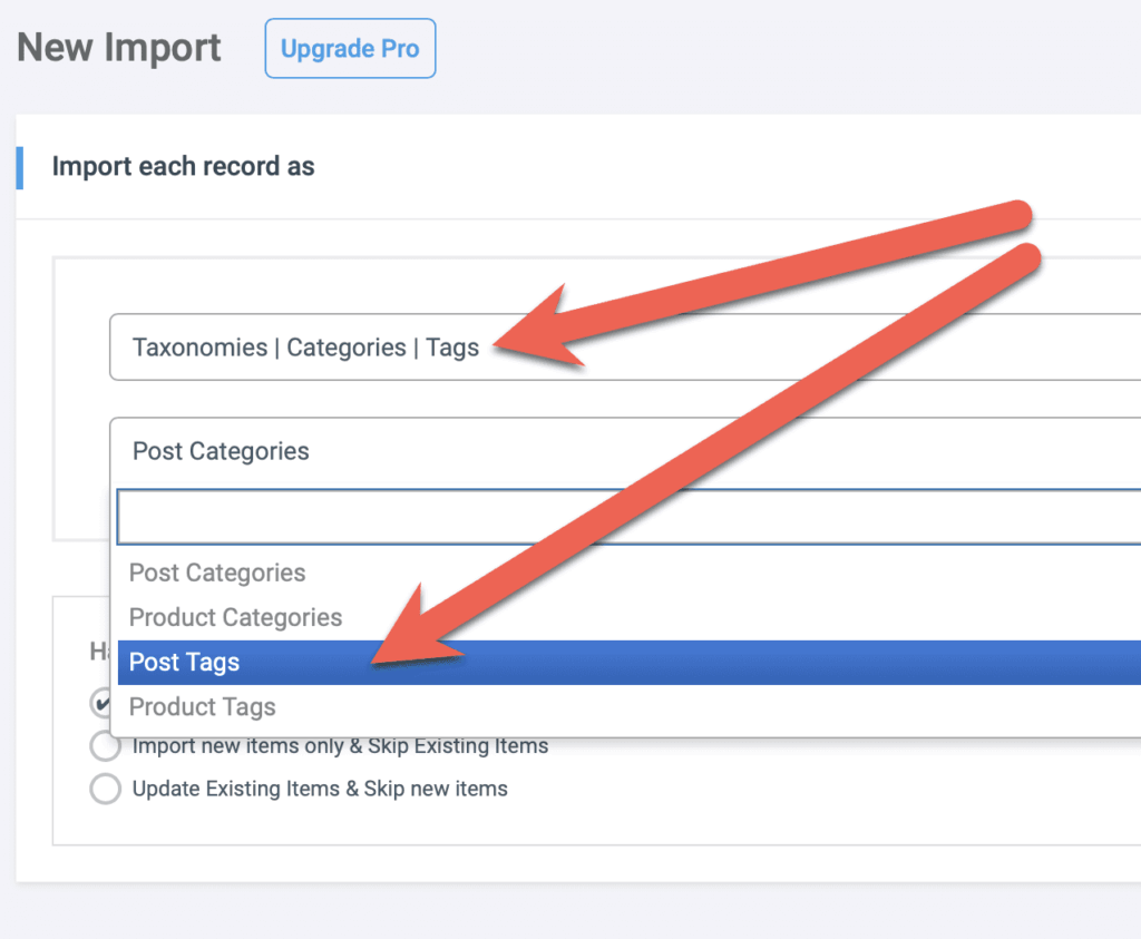 Choose where to import taxonomy terms
