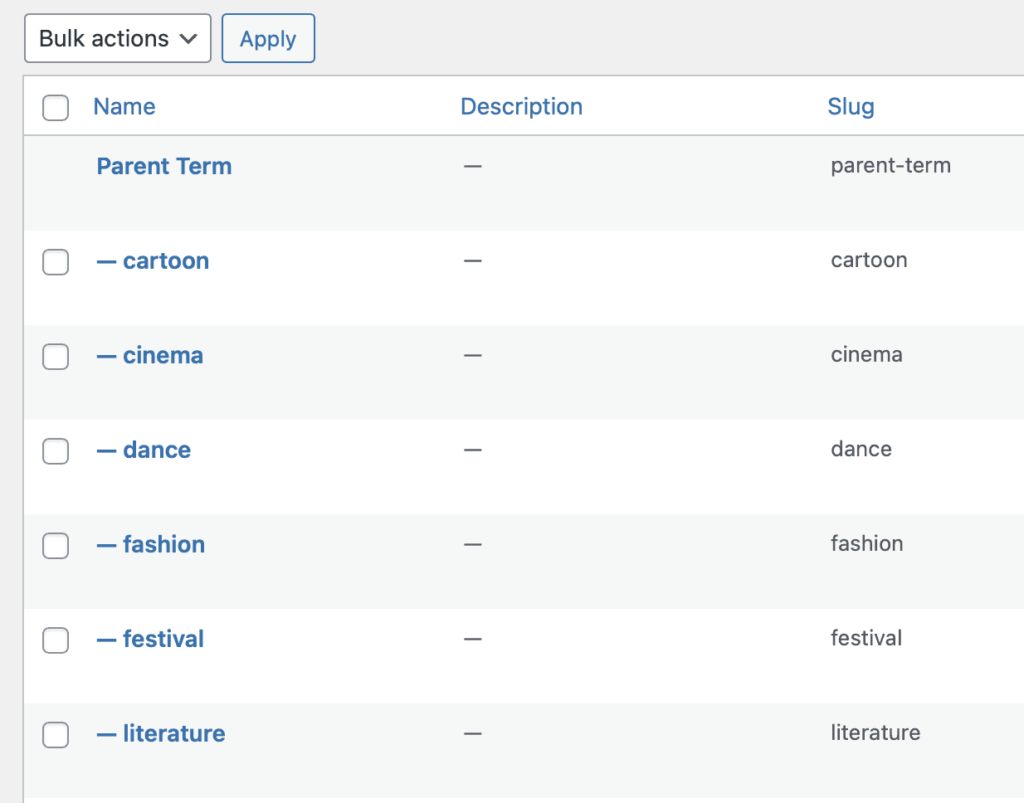 Completed WordPress taxonomy and term import