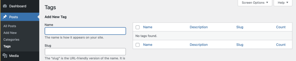 No tags found on a WordPress site