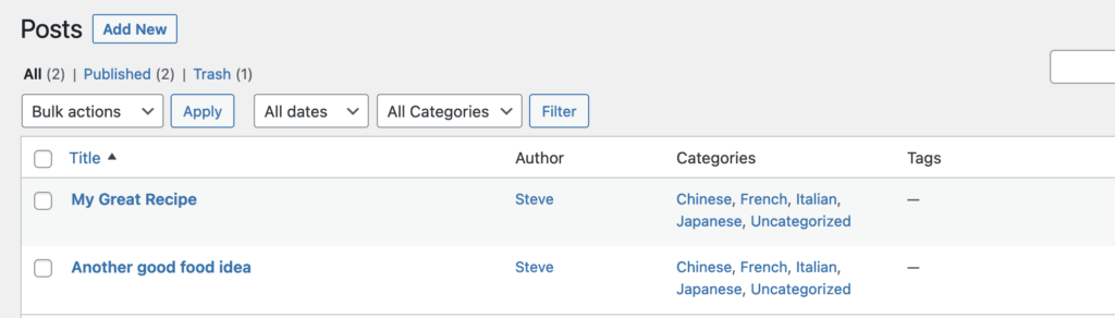 Tags converted to categories for WordPress posts