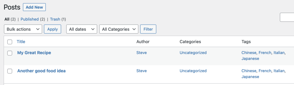 The Posts screen in WordPress