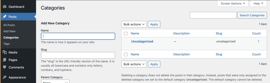 Categories screen in WordPress