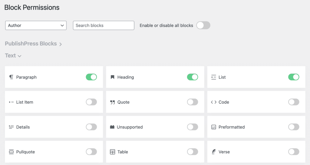 Block permissions for an author