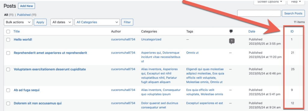 WordPress Posts screen with ID
