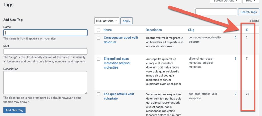 Tag IDs in the WordPress admin