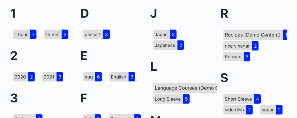 Alphabetical List of WordPress Terms with a blue color theme