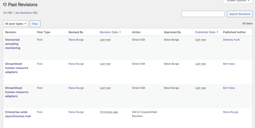 Past Revisions scree