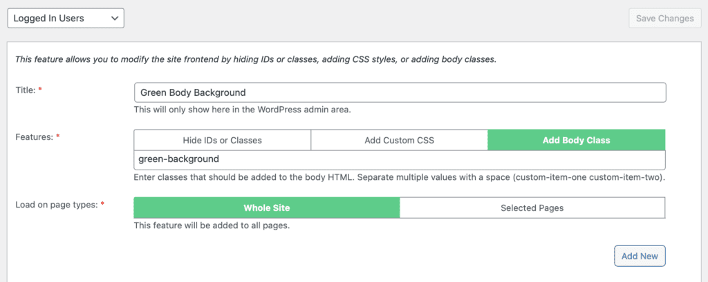 Add Body Class settings