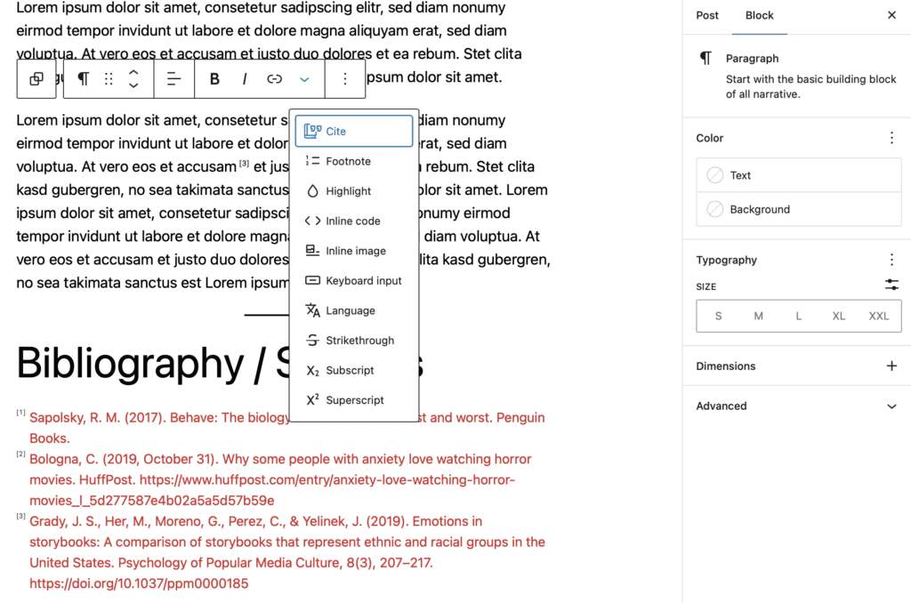 Footnotes Block in WordPress citations
