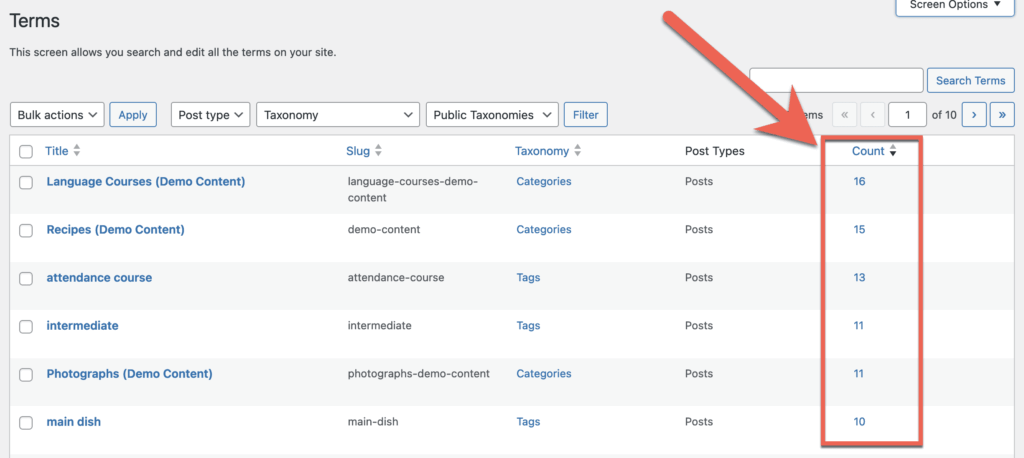 TaxoPress Count in Terms screen