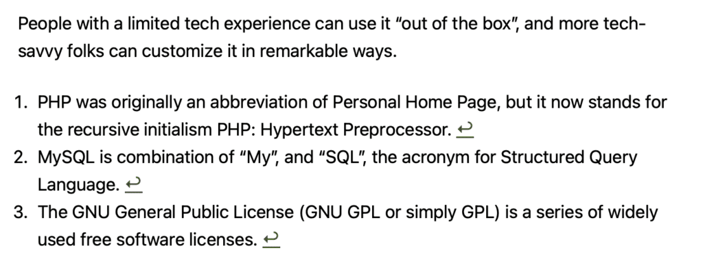 Footnotes Block in WordPress example
