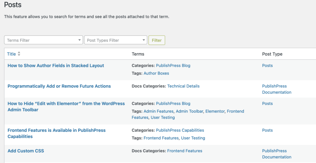 TaxoPress Posts screen