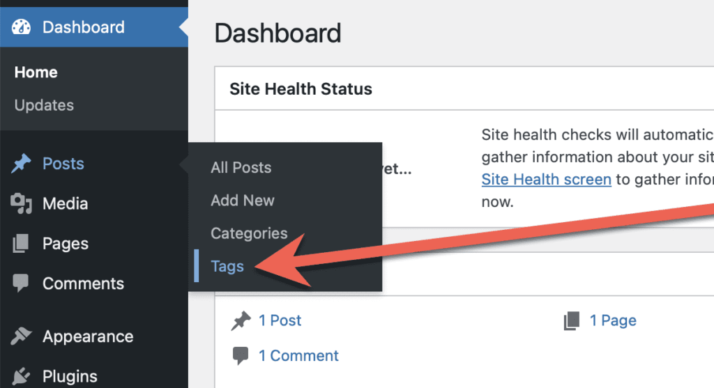 Menu link to add a new Tag in WordPress