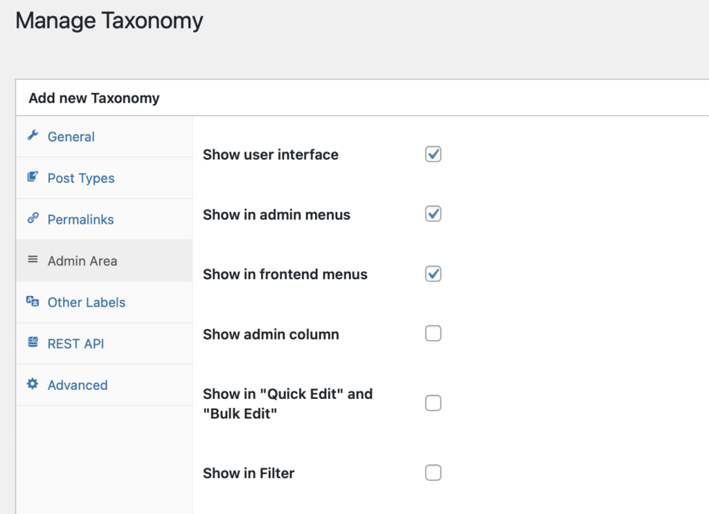 The Admin Area settings for a WordPress taxonomy