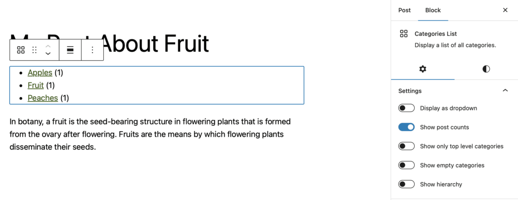 The Categories List block in WordPress