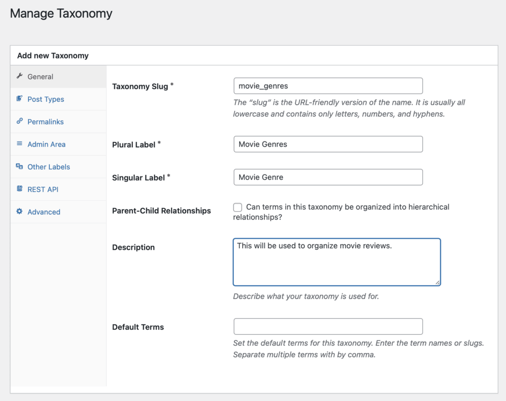 Screen to add a New Taxonomy in WordPress
