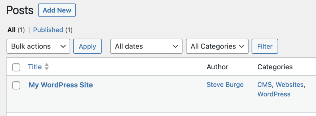 The WordPress Posts scren