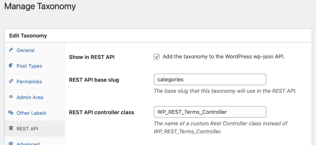 The REST API screen in TaxoPress