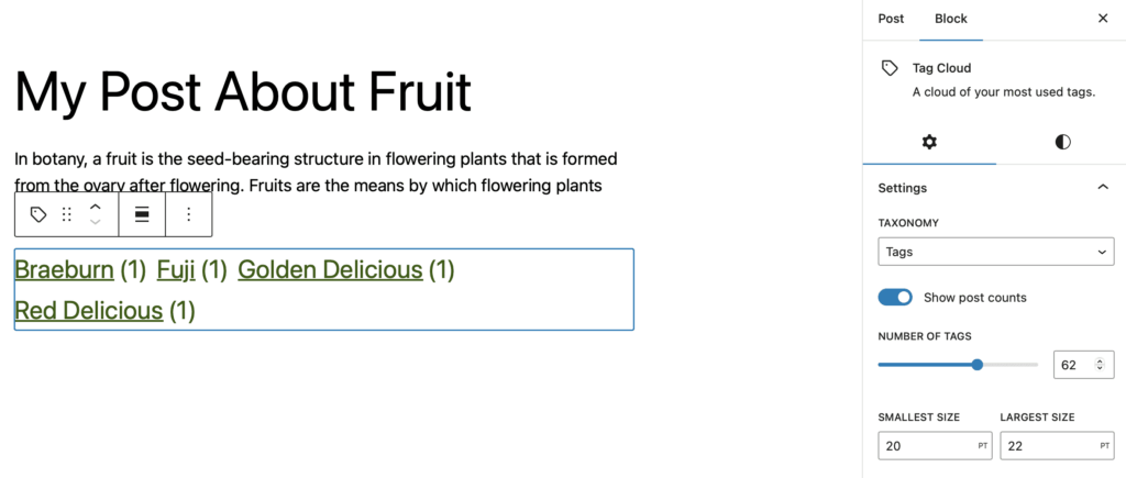 The Tag Cloud block in WordPress
