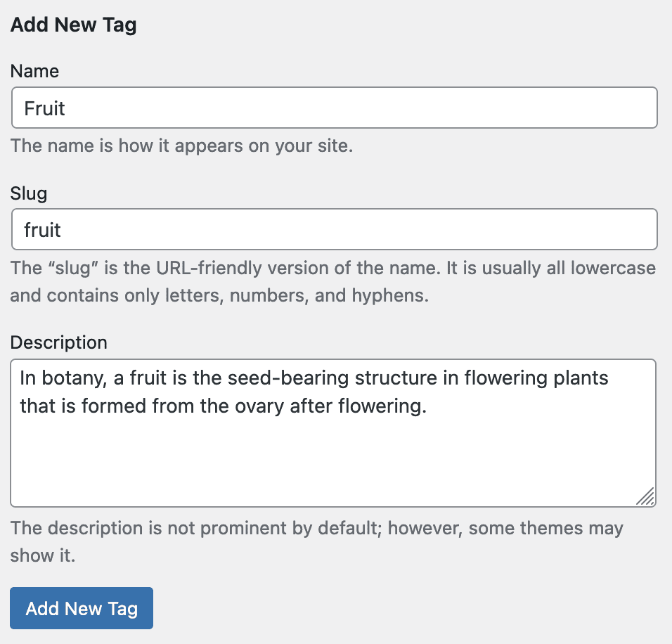 Term description on term creation screen