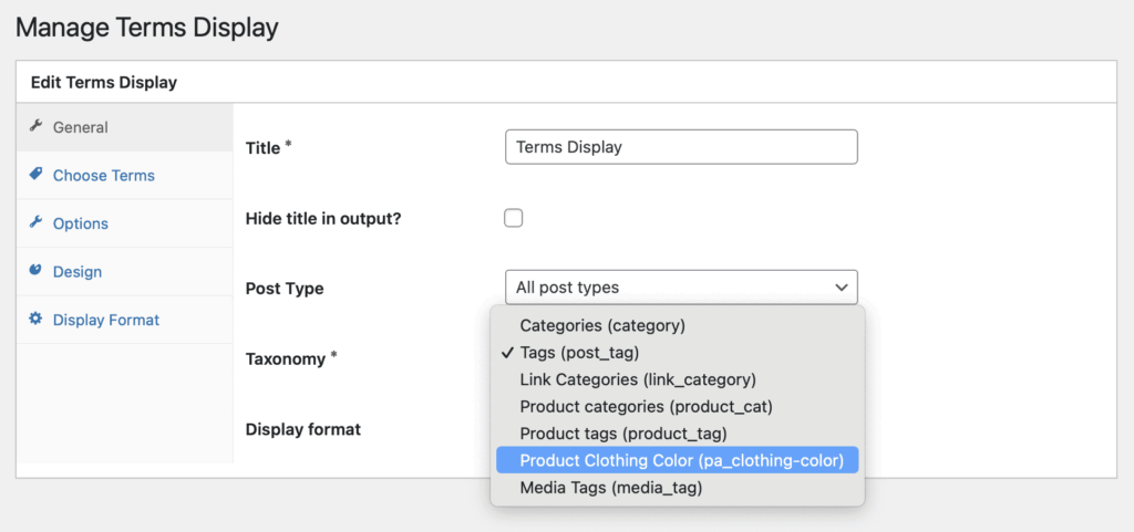Public taxonomy in the Terms Display feature of TaxoPress