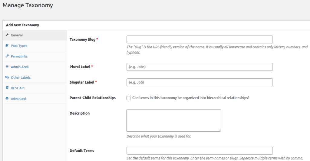 The "Add new Taxonomy" area