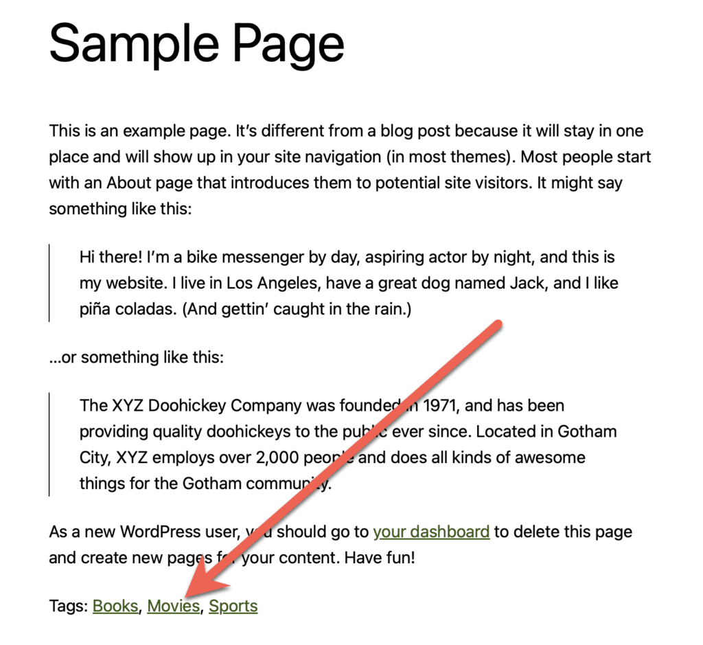 Categories displayed on a WordPress Page