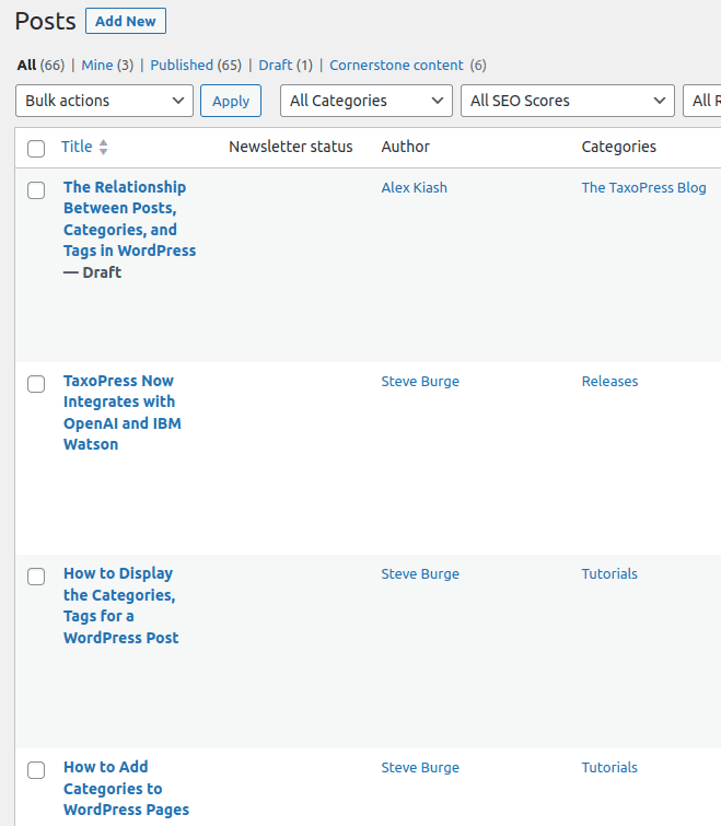 The WordPress Posts screen
