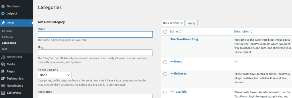 WordPress Categories screen