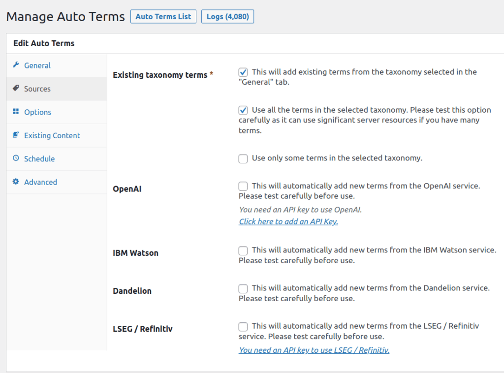 Manage Auto Terms in WordPress