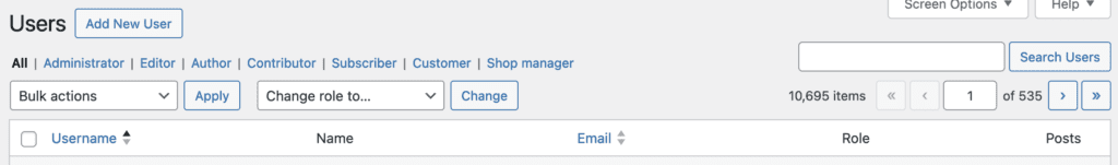 WordPress Users screen on a large site