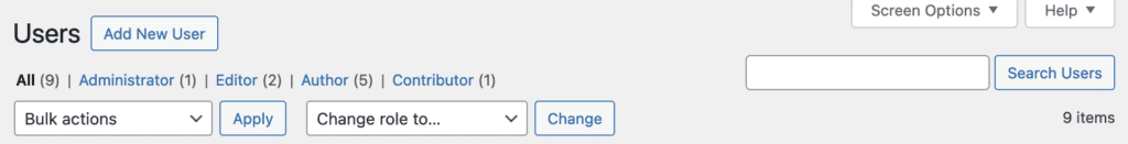 WordPress Users screen on a small site