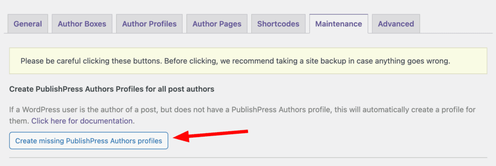 Create missing PublishPress Authors profiles button