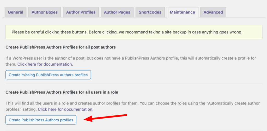 “Create PublishPress Authors profiles” button