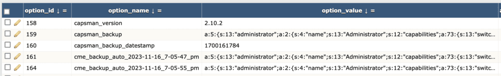CME backup tables in the database