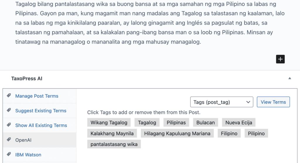 OpenAI's analysis of Wikipedia's article on Tagalog