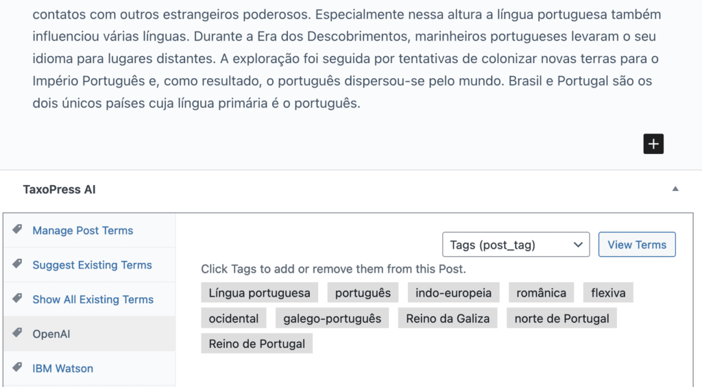 OpenAI's analysis of Wikipedia's article on the Portuguese language