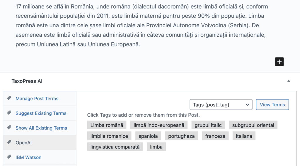 OpenAI's attempt to analyze several posts including Wikipedia article on the Romanian language.