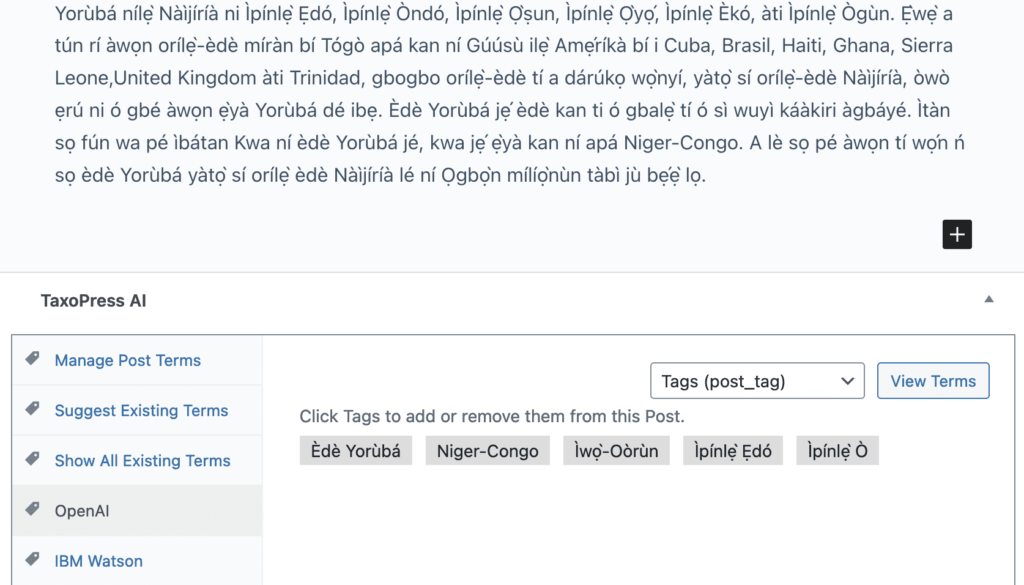 OpenAI's analysis of Wikipedia's article on the Yoruba language