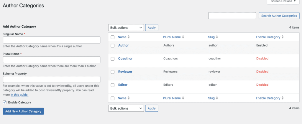 Author Categories Screen