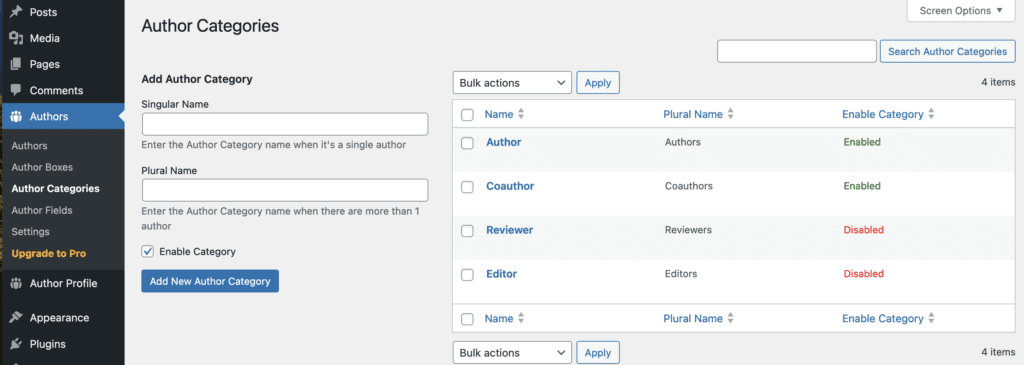 Author Categories Screen