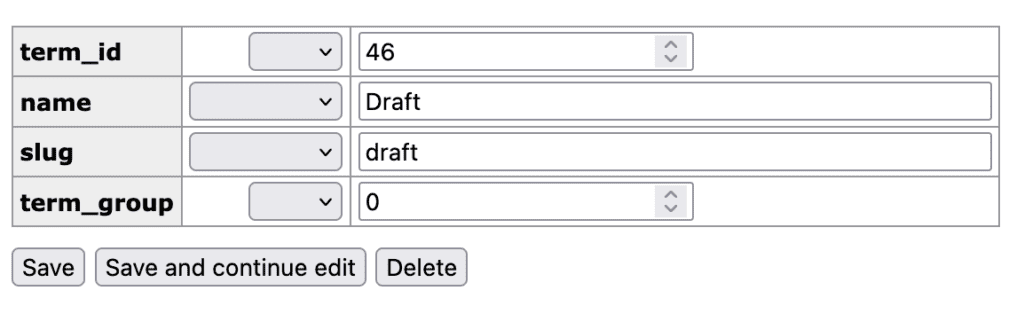 _terms table for Statuses