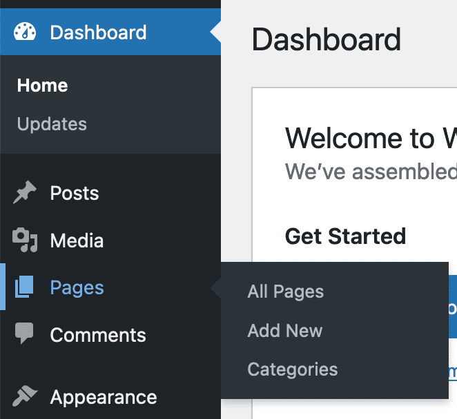 The Pages menu with Categories