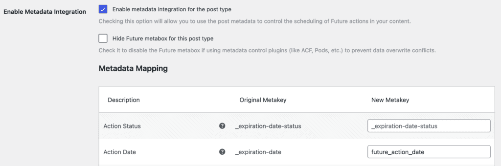Future Action and ACF metadata