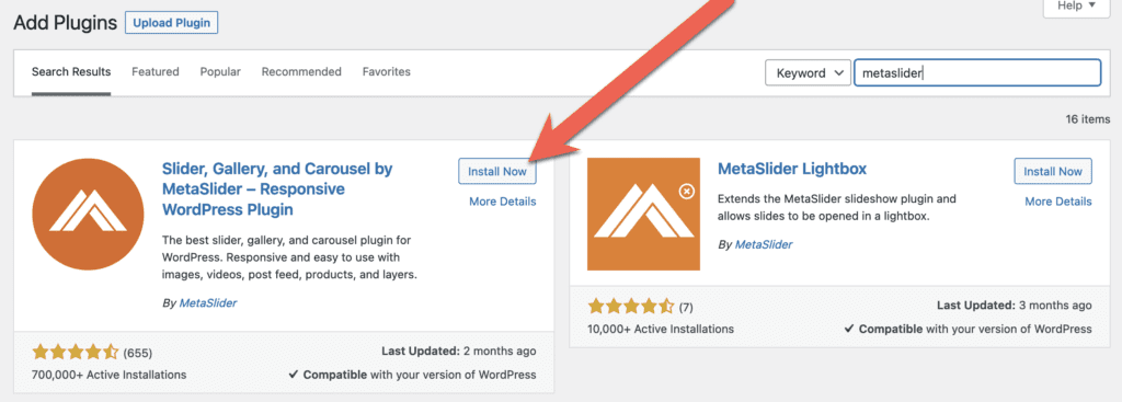Installing MetaSlider plugin